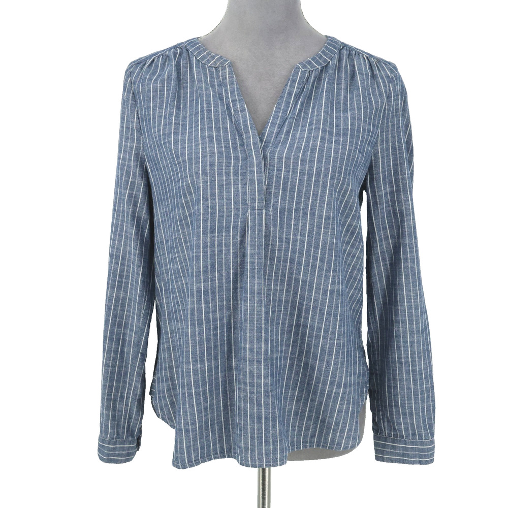 Joie Top Womens XS Blue White Stripe Woven Cotton Tunic Blouse Pullover Roll Tab